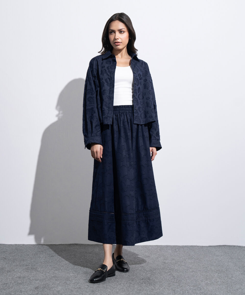 Women's Western Navy Flared Skirt With Panels Details