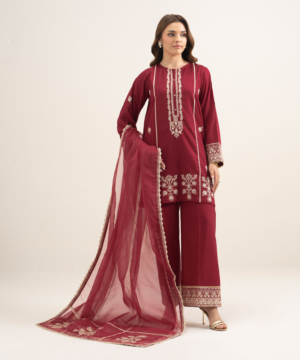 Women's RTW Blended Organza Embroidered Red Dupatta