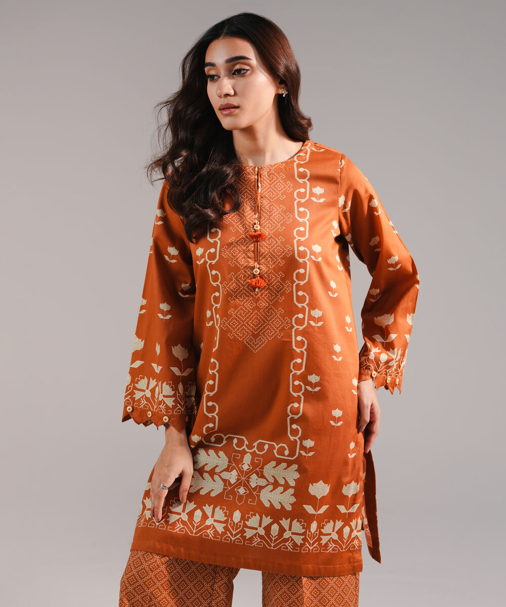 Women's RTW Cotton Satin Printed Brown Straight Shirt