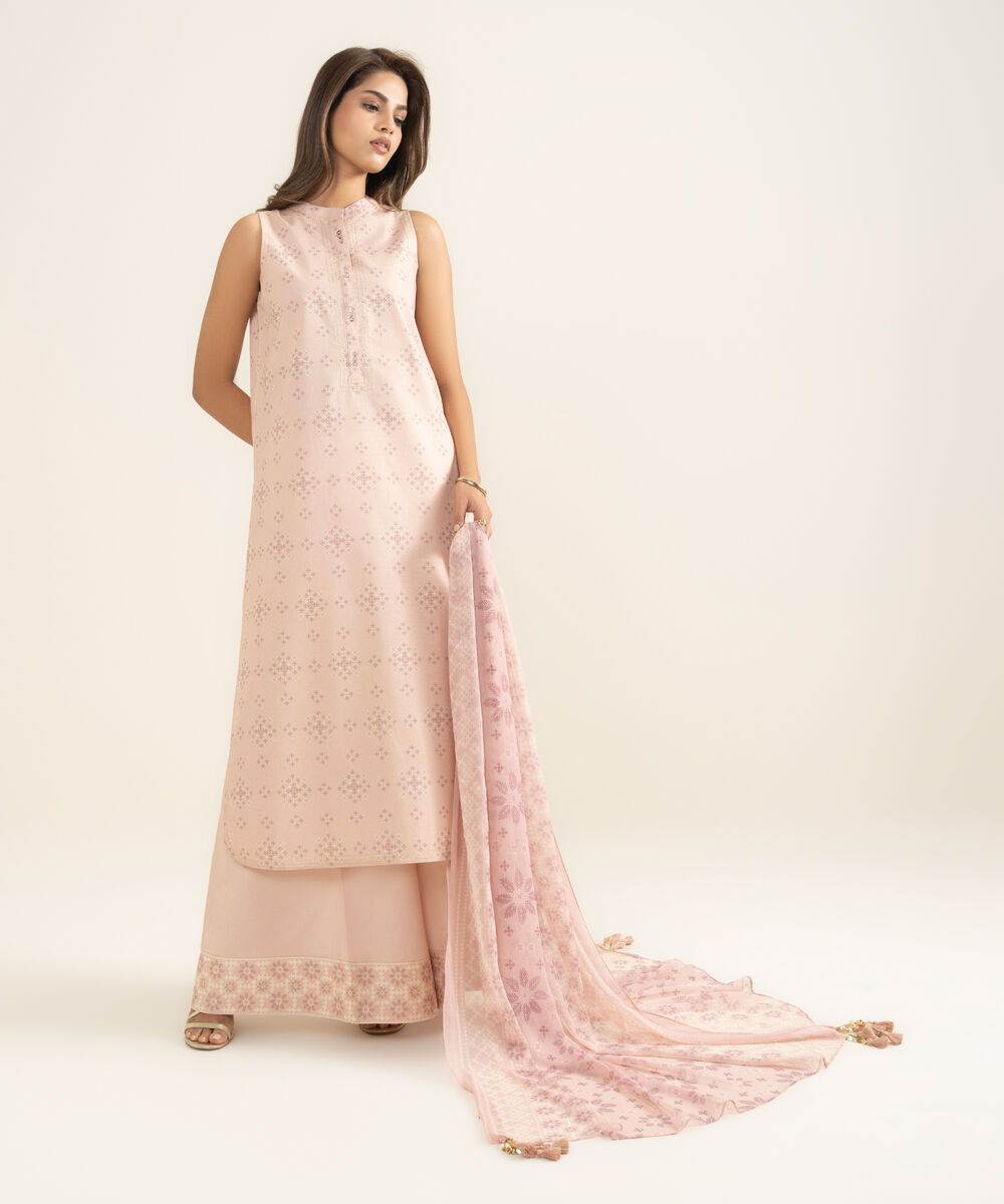 Women's Unstitched Zari Lawn Printed Pink 3 Piece Suit