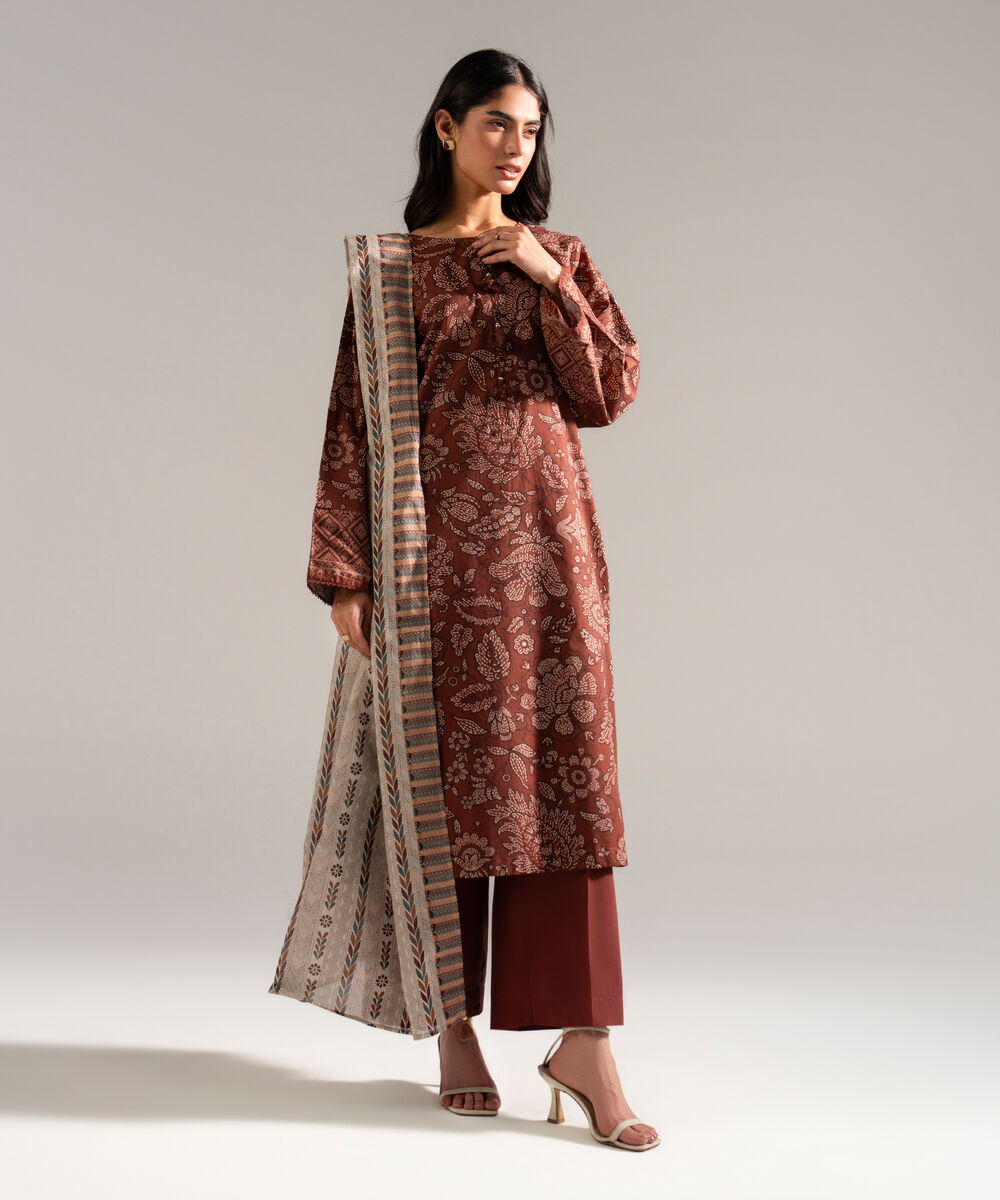 Women's RTW Slub Lawn Printed Brown 3 Piece Suit