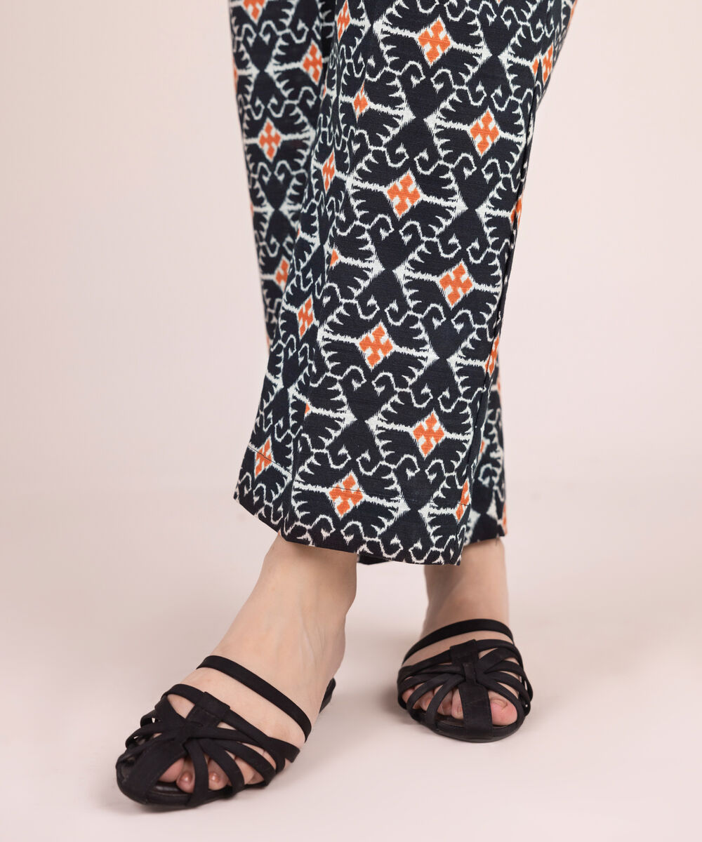 Women's RTW Khaddar Printed Black Straight Pants