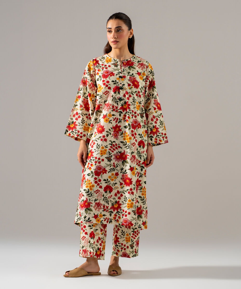 Women's RTW Khaddar Printed Off White 2 Piece Suit