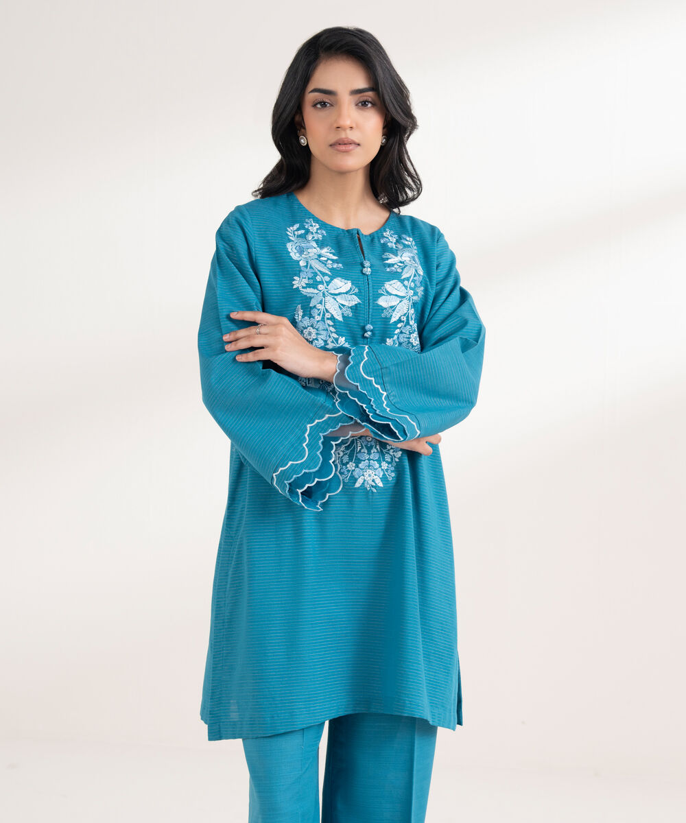 Women's RTW Light Khaddar Embroidered Blue Straight Shirt