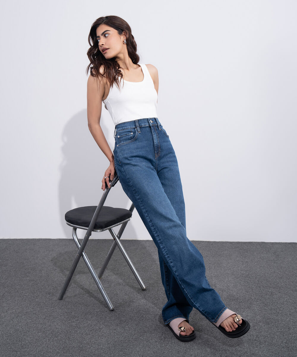 Women's Western Dark Blue Wash High Rise Straight Jeans