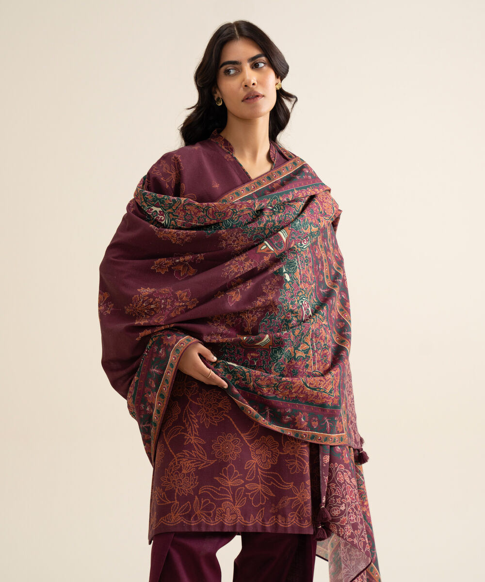Women's Unstitched Premium Khaddar Printed Maroon 3 Piece Suit