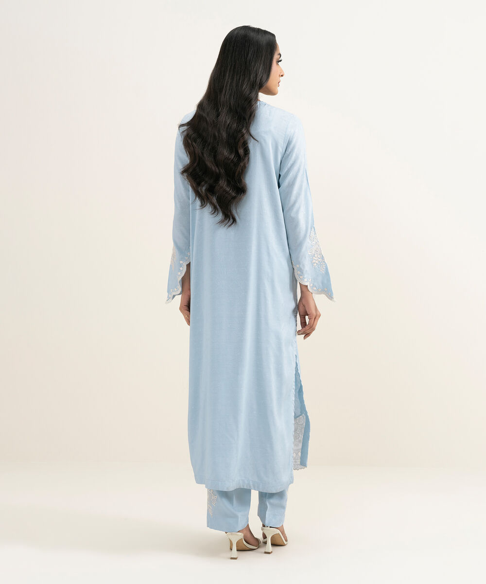 Women's RTW Arabic Self Jacquard Embroidered Blue A-Line Shirt