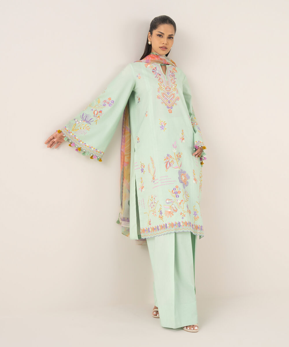 Women's Unstitched Textured Lawn Embroidered Green 3 Piece Suit
