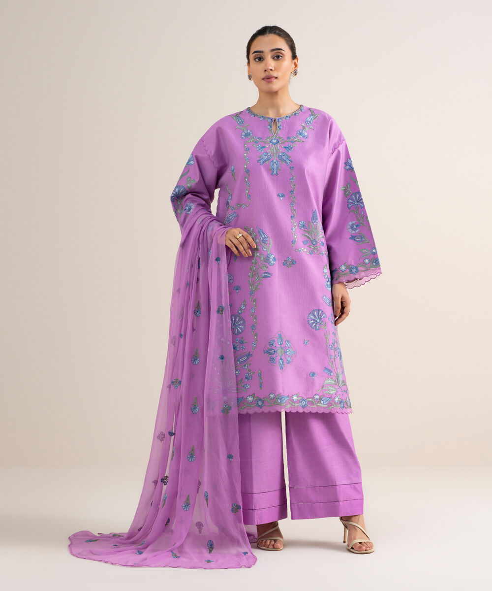 Women's Unstitched Cotton Net Embroidered Purple 3 Piece Suit