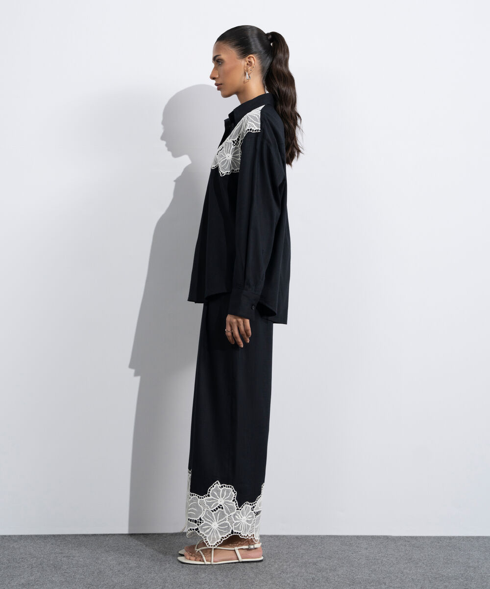 Women's Western Black Relaxed-Fit Embroidered Shirt