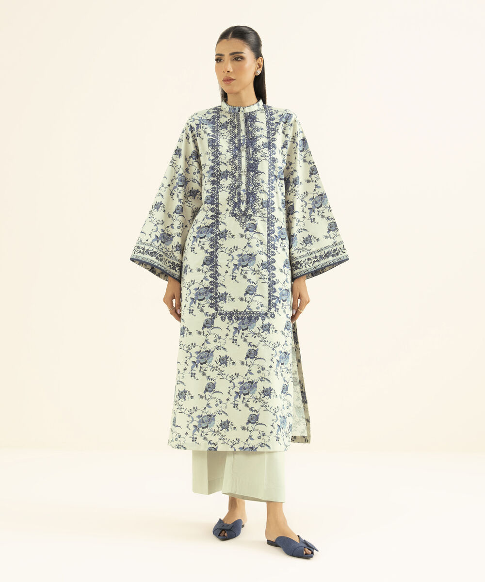 Women's Unstitched Textured Cotton Embroidered Blue 2 Piece Suit