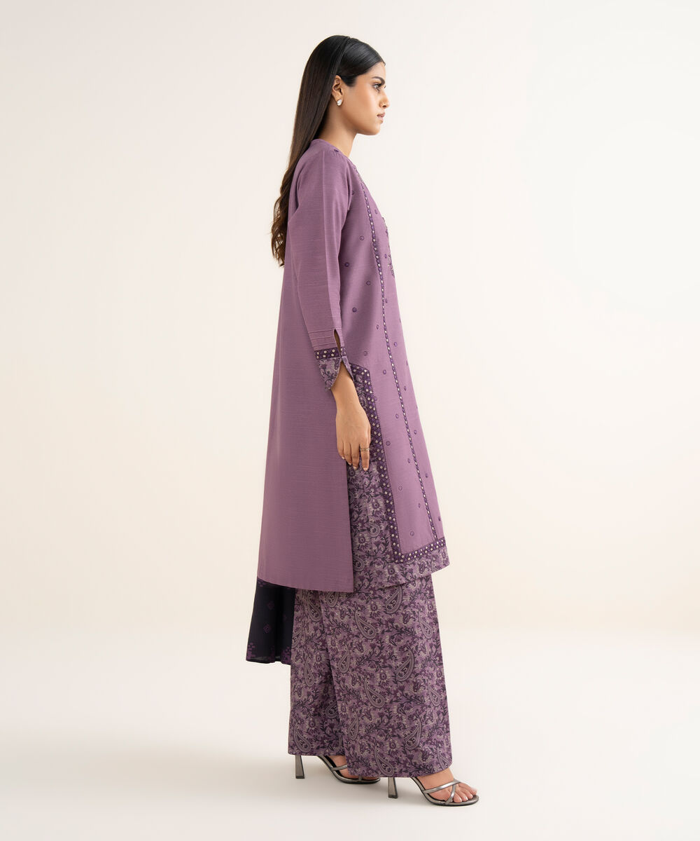 Women's Unstitched Light Khaddar Embroidered Purple 3 Piece Suit