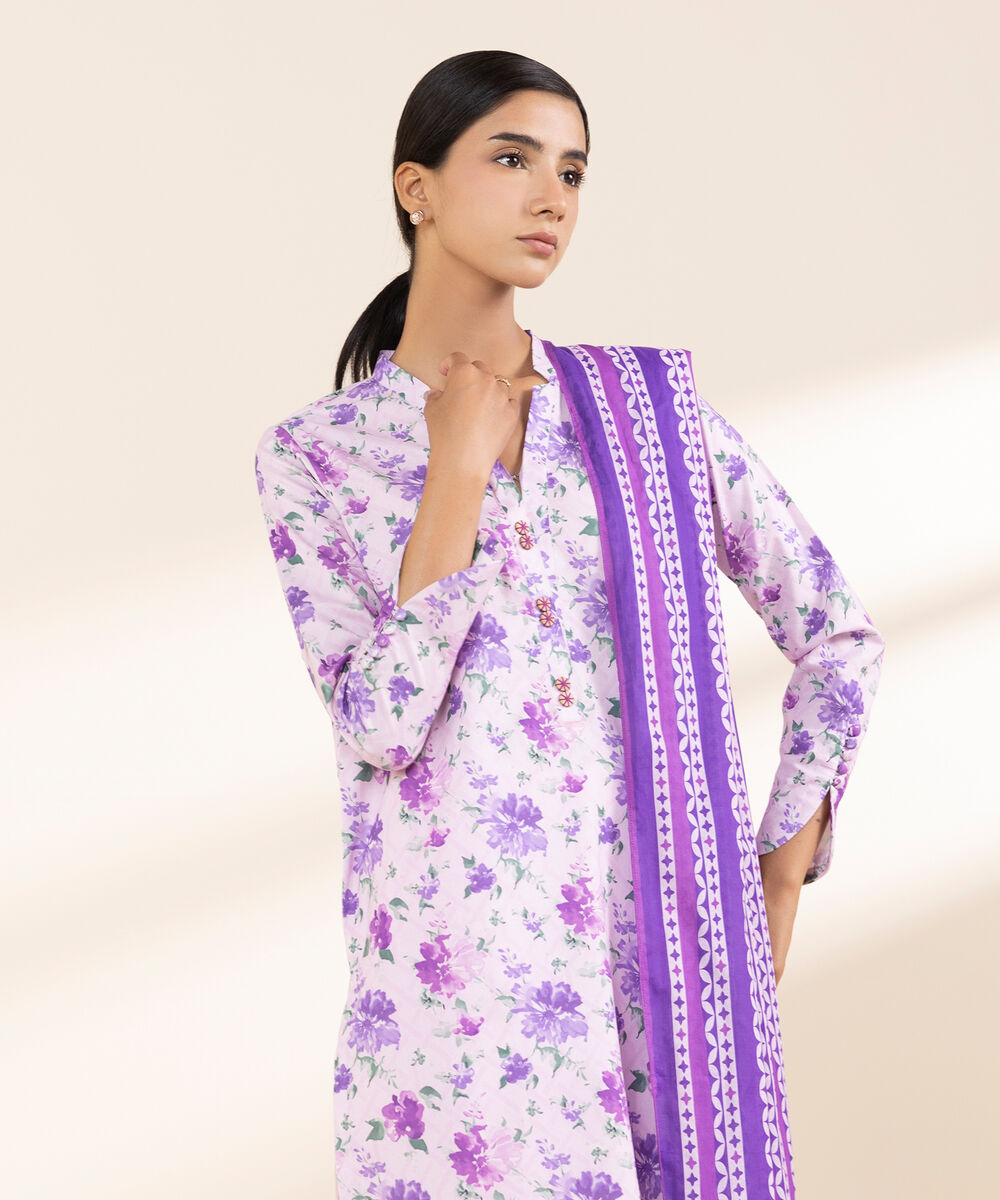 Women's Unstitched Lawn Printed Purple 3 Piece Suit