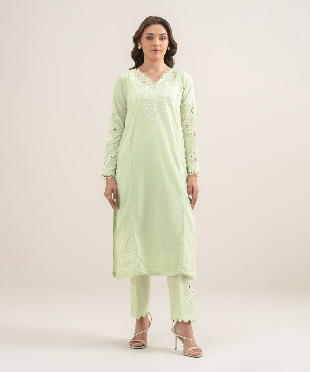 Women's RTW Self Jacquard Embroidered Green A-Line Shirt