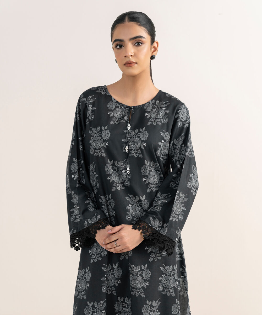 Women's RTW Lawn Viscose Black Printed A-Line Shirt