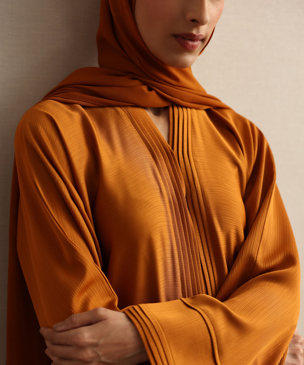 Women's Burnt Orange Pleated Button Through Abaya Set