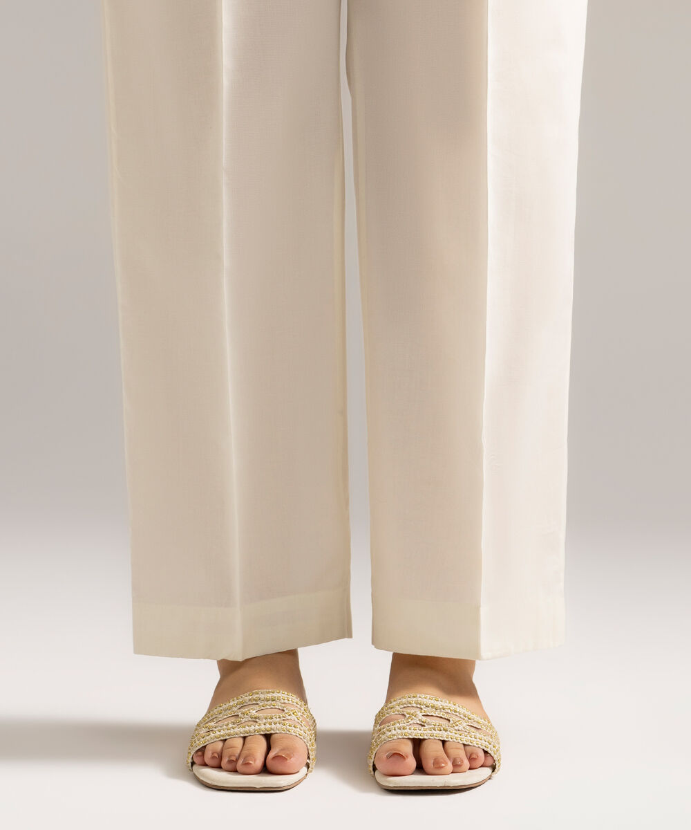 Women's RTW Cambric Solid White Straight Pants