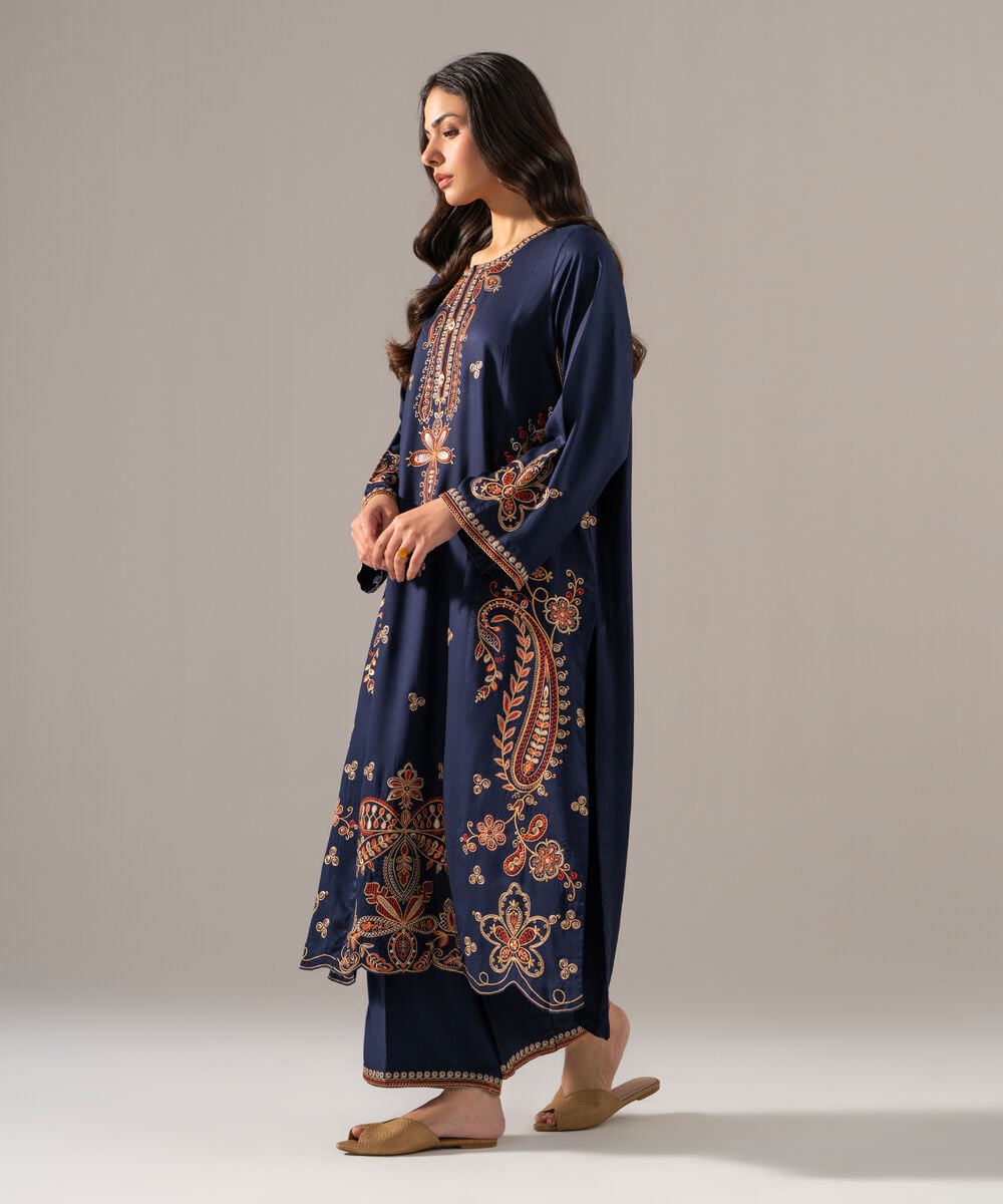 Women's RTW Bedford Solid Embroidered Dark Blue Straight Shirt