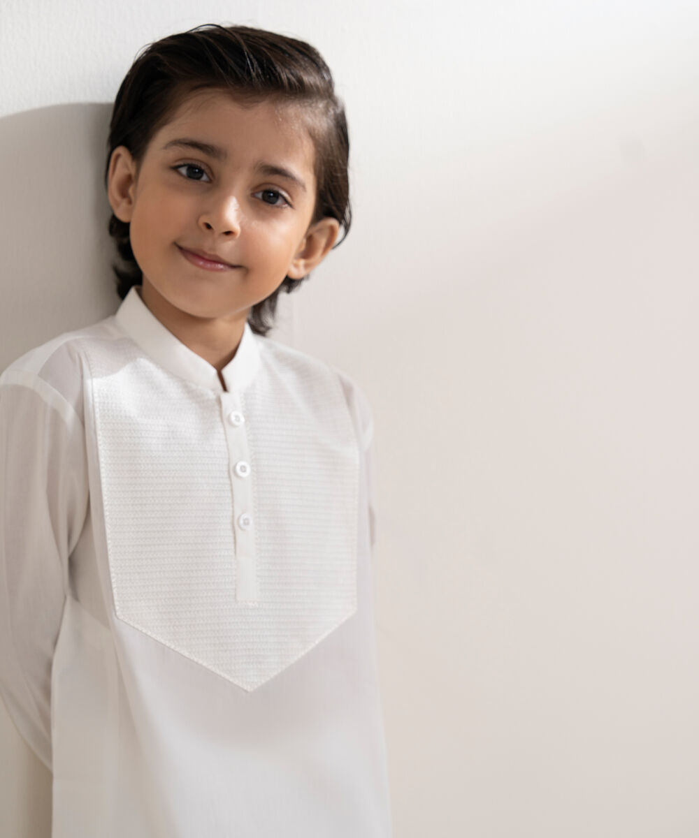 Boys Stitched 100% Cotton Off White Kurta