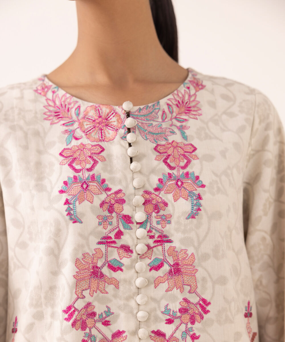 Women's Unstitched Jacquard Embroidered Off White Three Piece Suit