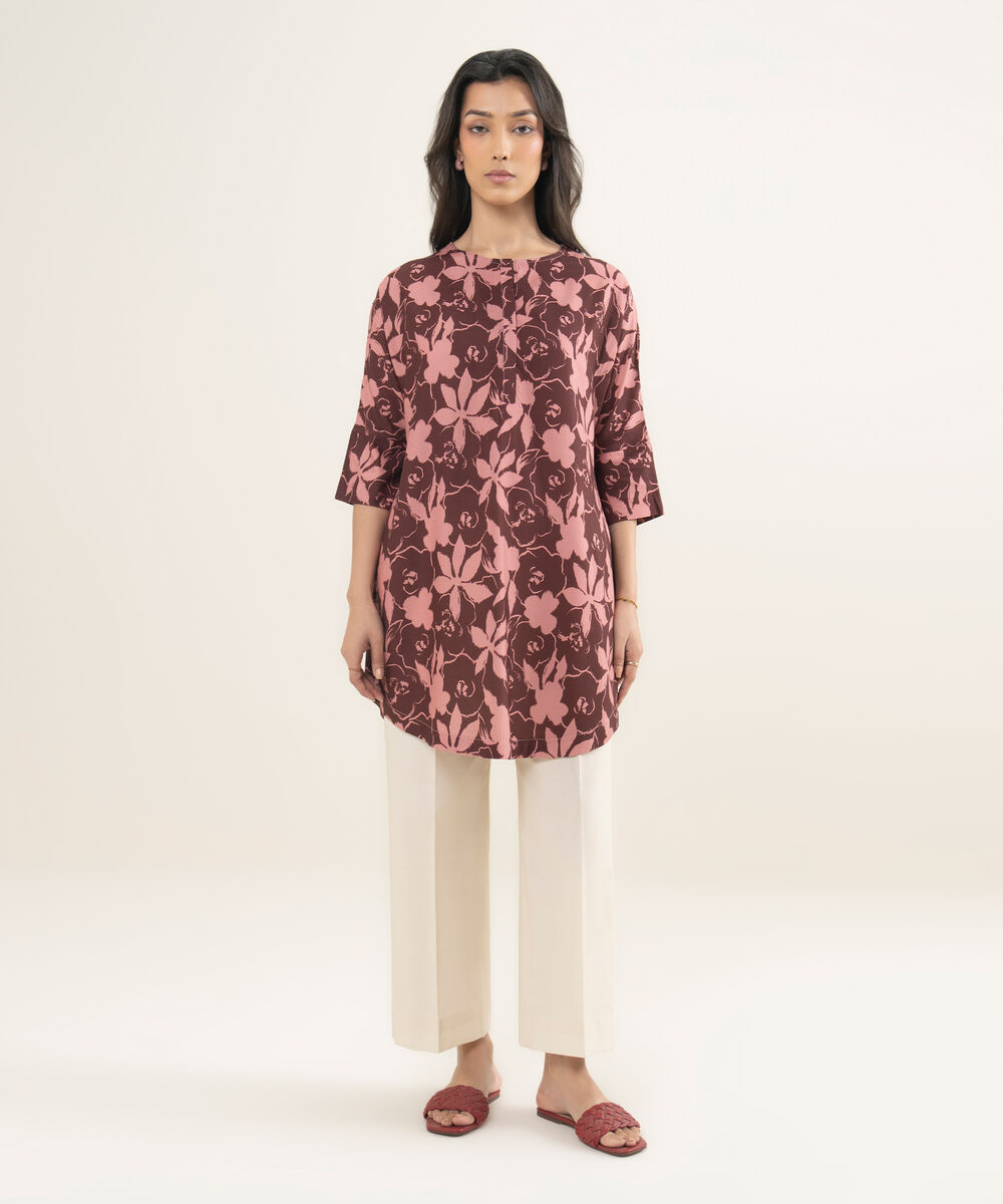 Women's RTW Arabic Cambric Printed Maroon Drop Shoulder Shirt