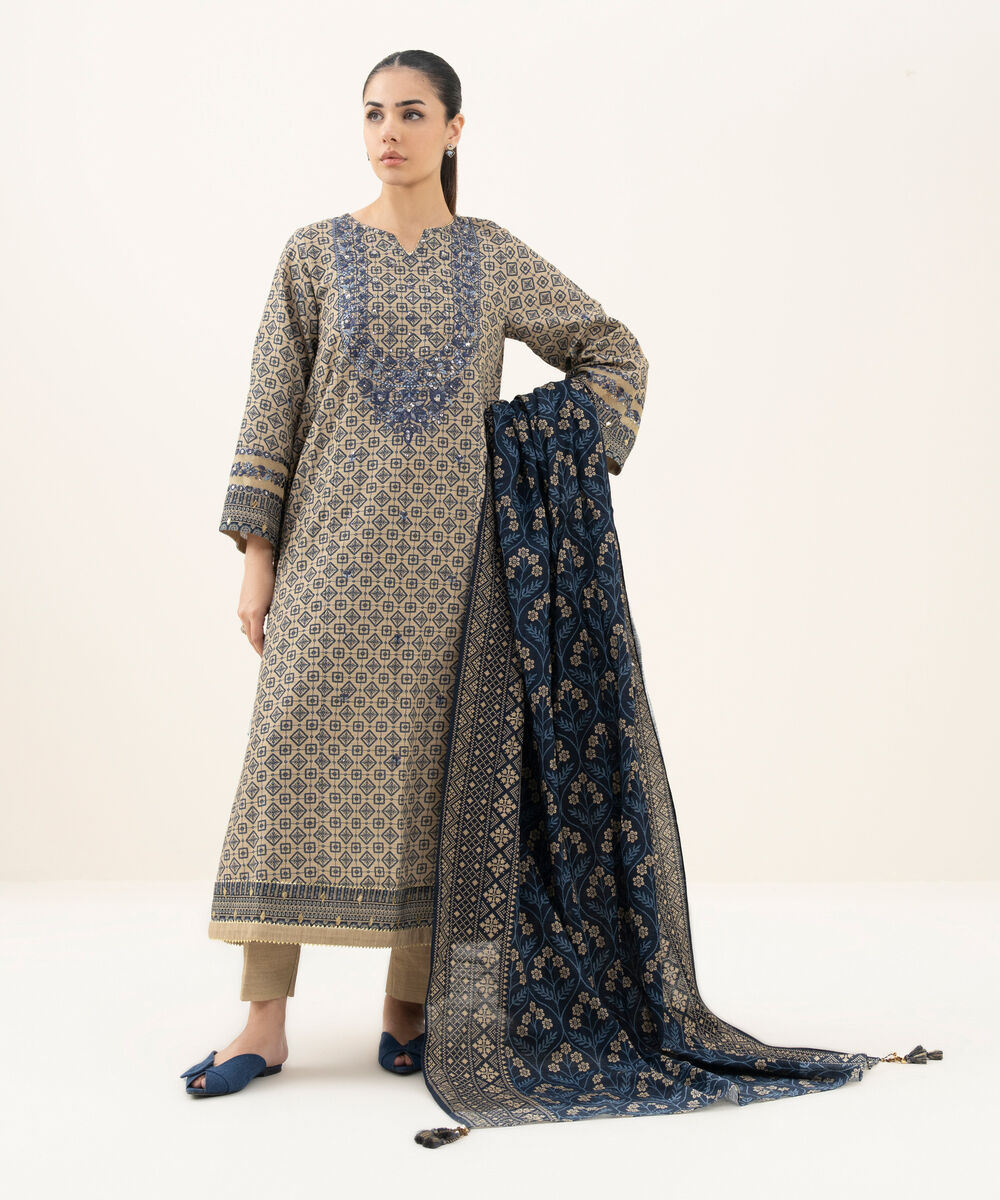 Women's Unstitched Embroidered Khaddar Beige 3 Piece Suit
