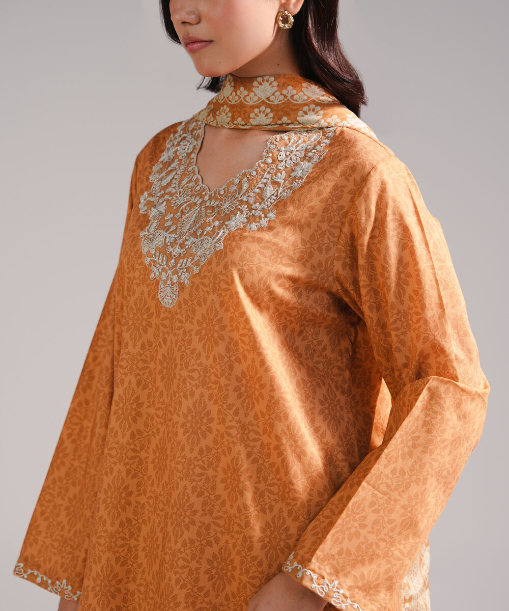 Women's RTW Lawn Embroidered Orange 3 Piece Suit