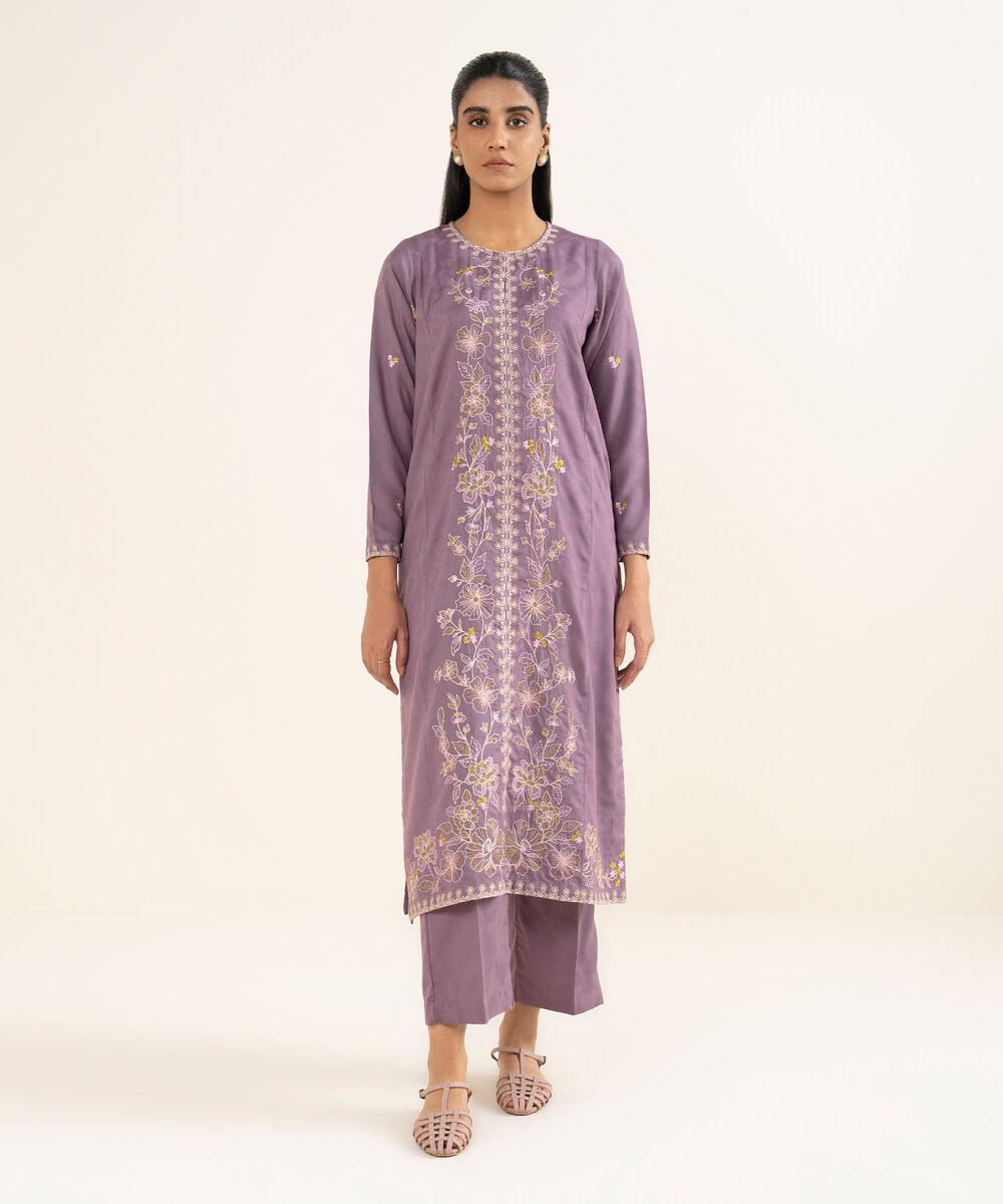 Women's RTW Self Jacquard Leno Embroidered Purple Straight Shirt