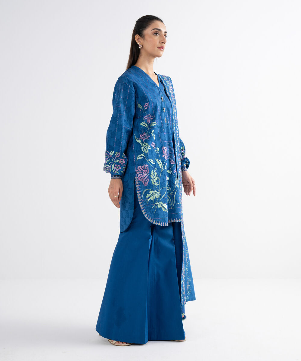 Women's Unstitched Embroidered Cotton Jacquard Blue 3 Piece Suit