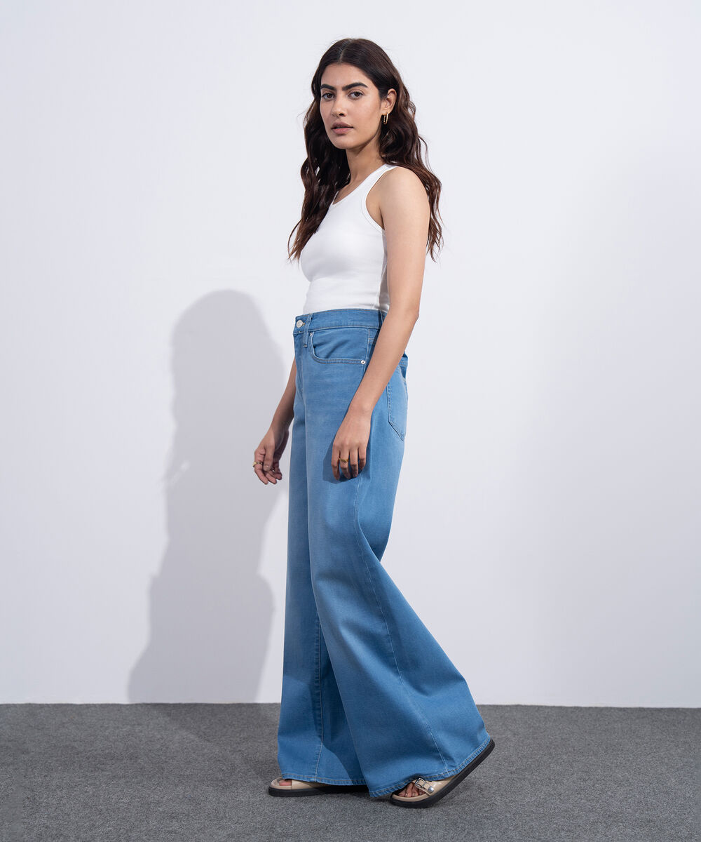 Women's Western Mid Blue Wash High Rise Wide Leg Jeans