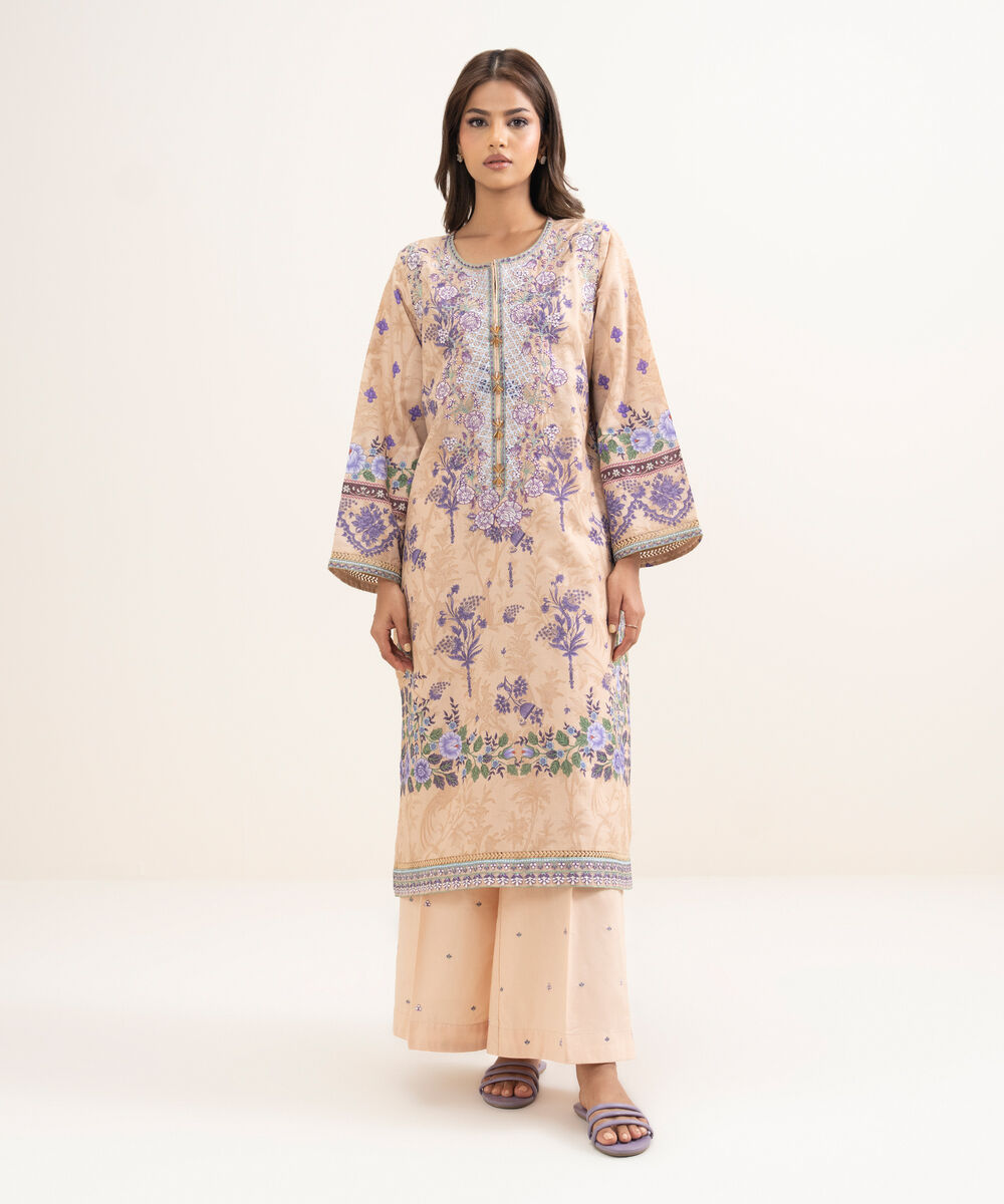 Women's RTW Zari Cotton Embroidered Peach A-Line Shirt