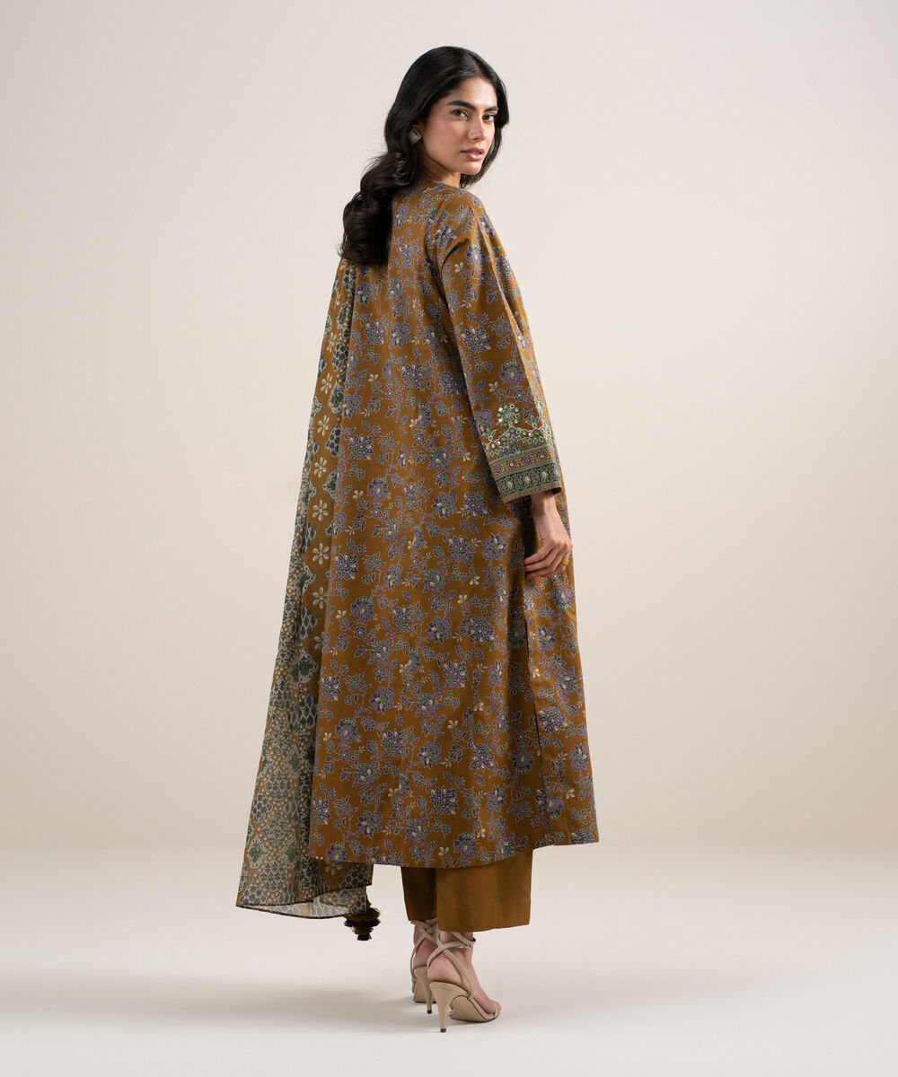 Women's Unstitched Lawn Embroidered Mustard Brown 3 Piece Suit