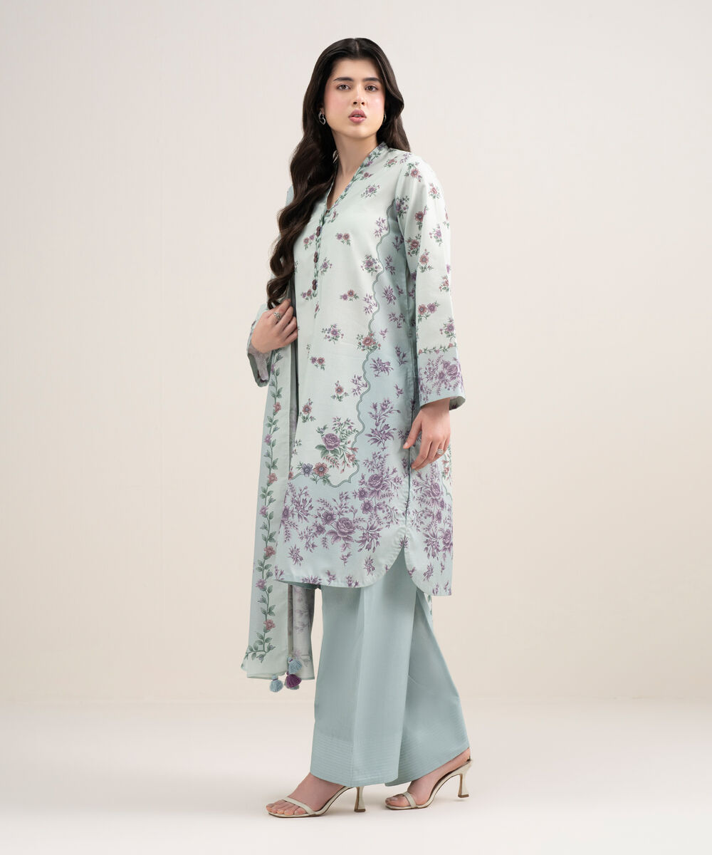 Women's Unstitched Zari Lawn Printed Blue 3 Piece Suit