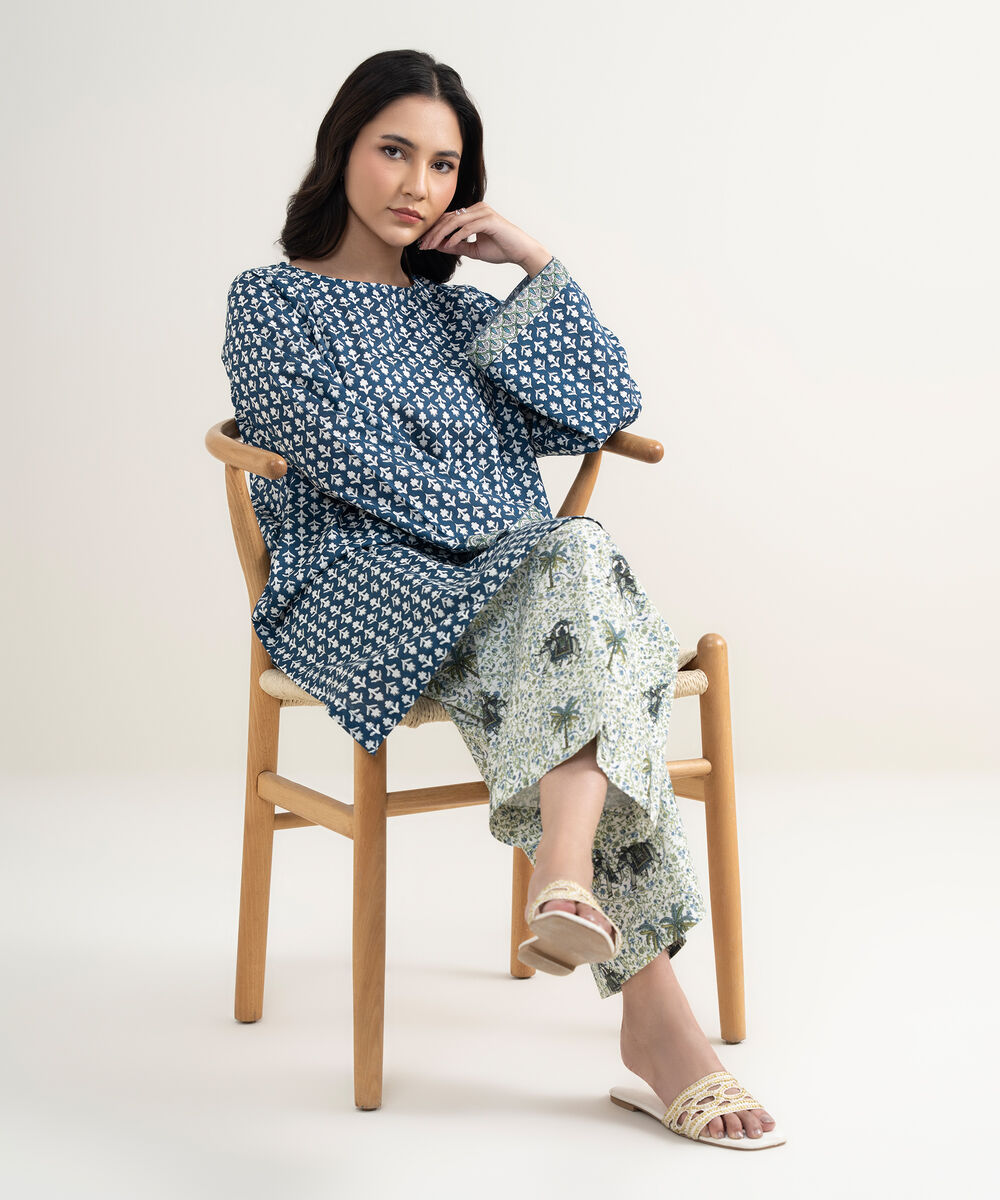 Women's RTW Lawn Printed Blue Straight Shirt