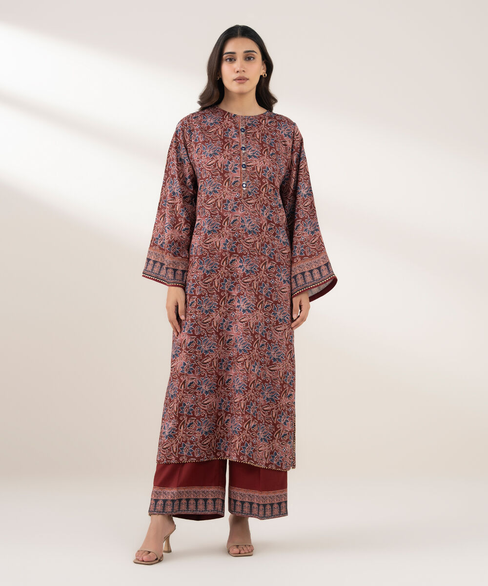 Women's RTW Viscose Linen Printed Straight Maroon Shirt