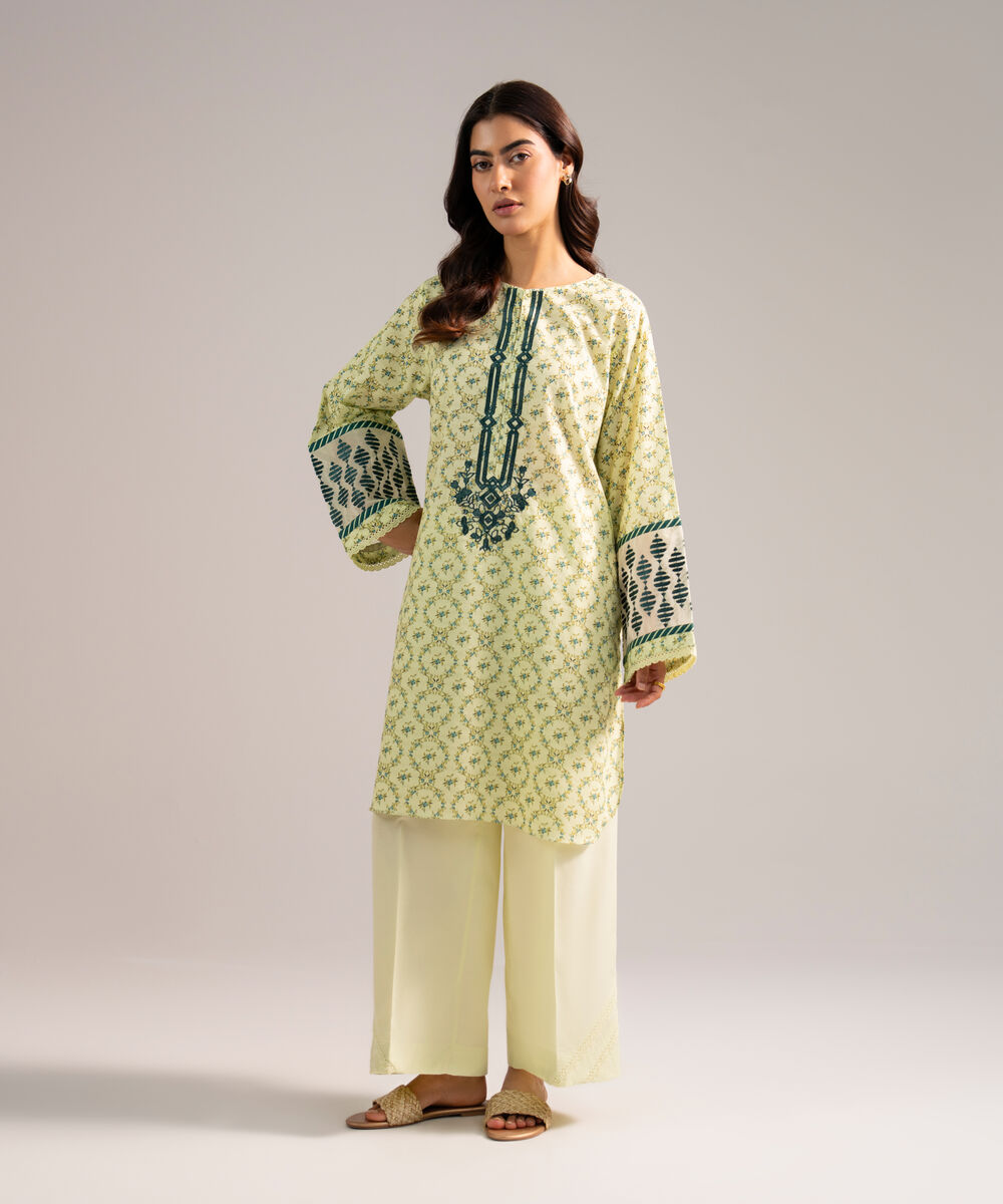 Women's RTW Dobby Embroidered Pale Green Straight Shirt