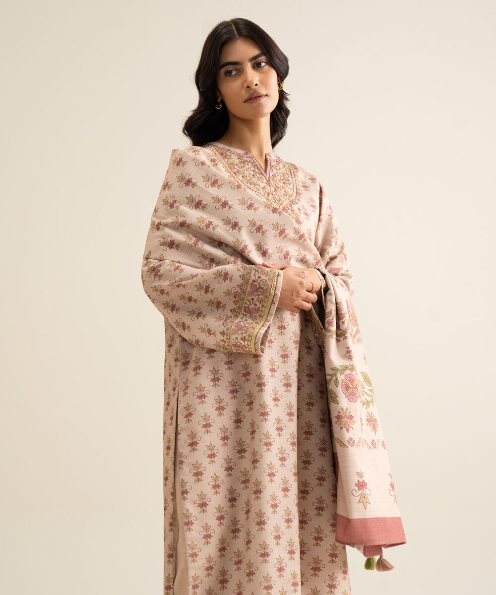 Women's Unstitched Cotton Embroidered Beige 3 Piece Suit