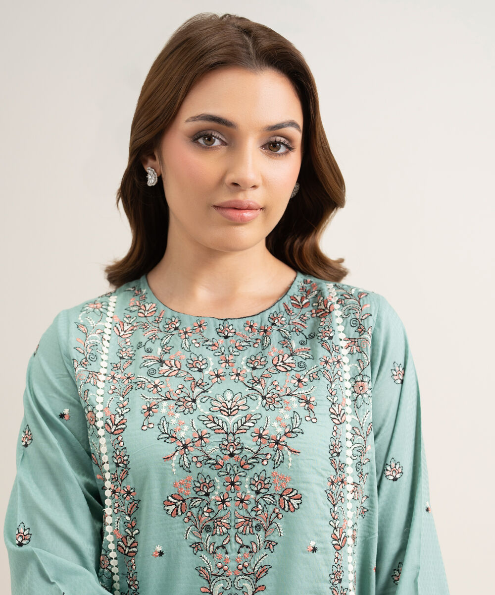 Women's RTW Dobby Embroidered Green A-Line Shirt