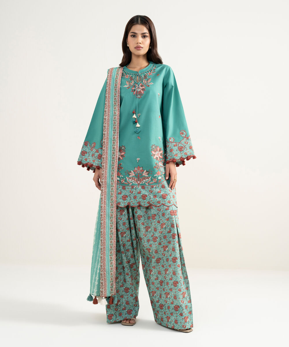 Women's Unstitched Textured Lawn Embroidered Green 3 Piece Suit
