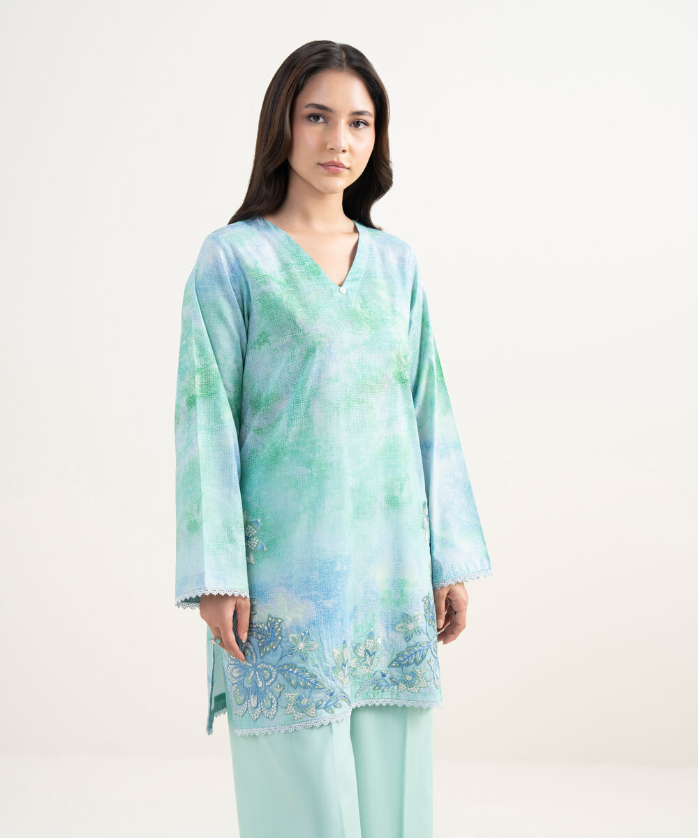 Women's RTW Lawn Embroidered Blue Straight Shirt