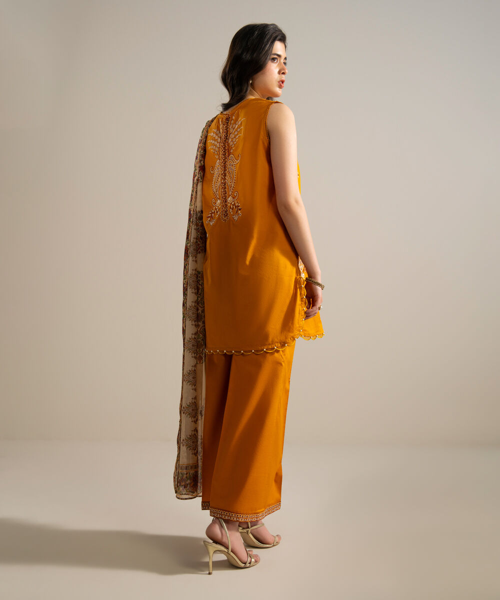 Women's RTW Dobby Embroidered Beige 3 Piece Suit