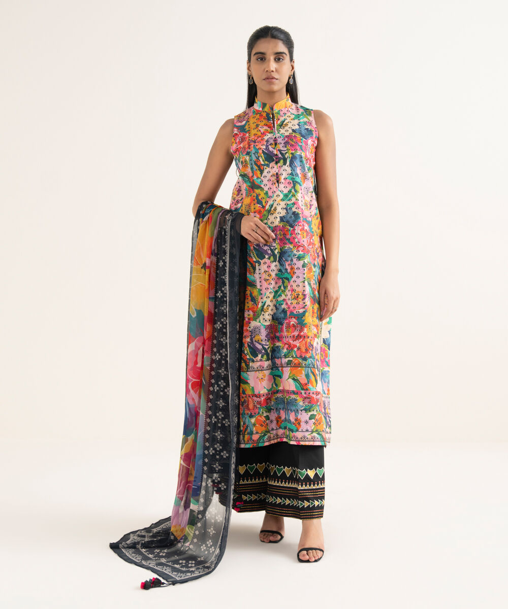 Women's Unstitched Cotton Printed Multi 2 Piece Suit