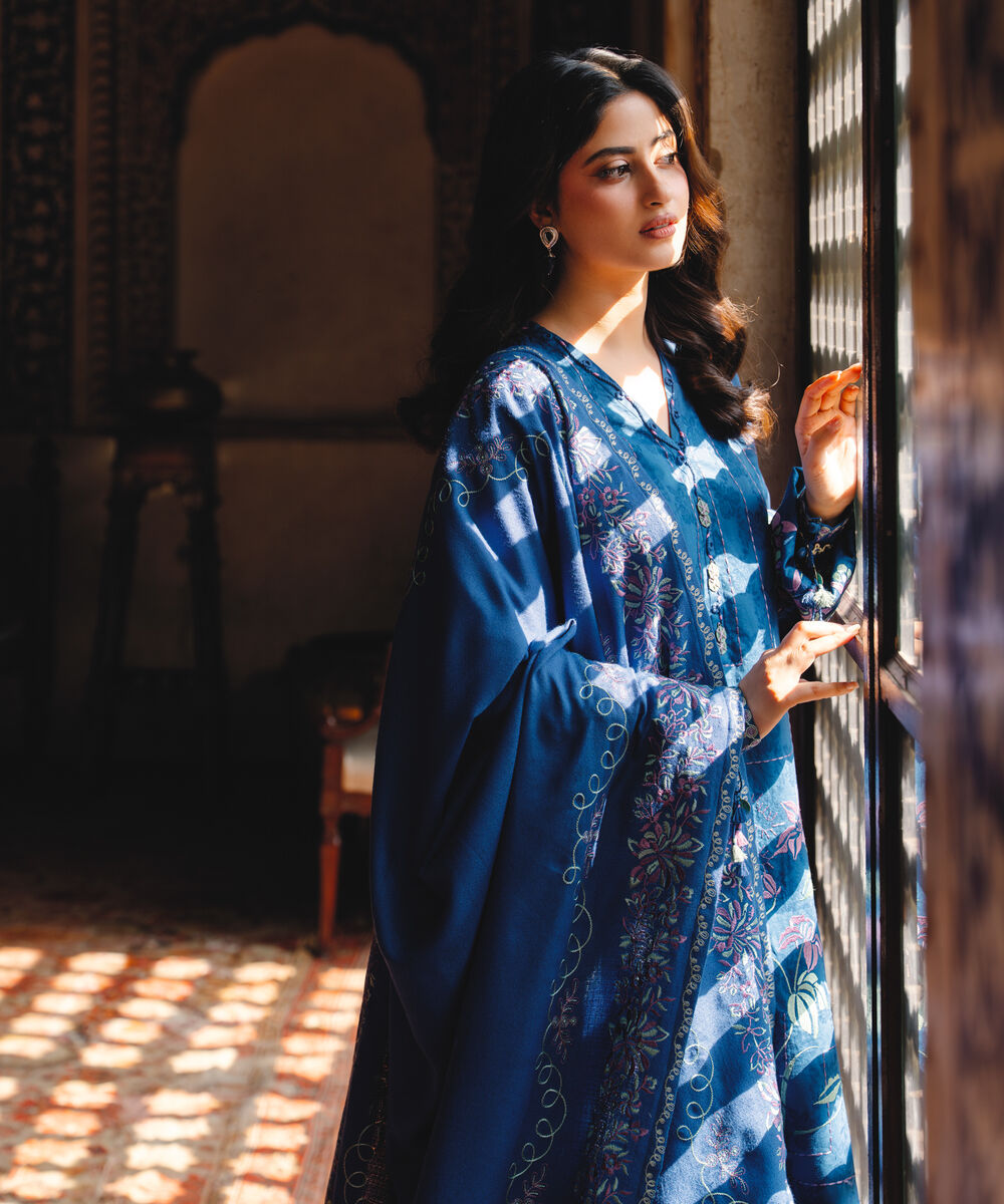 Women's Unstitched Embroidered Cotton Jacquard Blue 3 Piece Suit