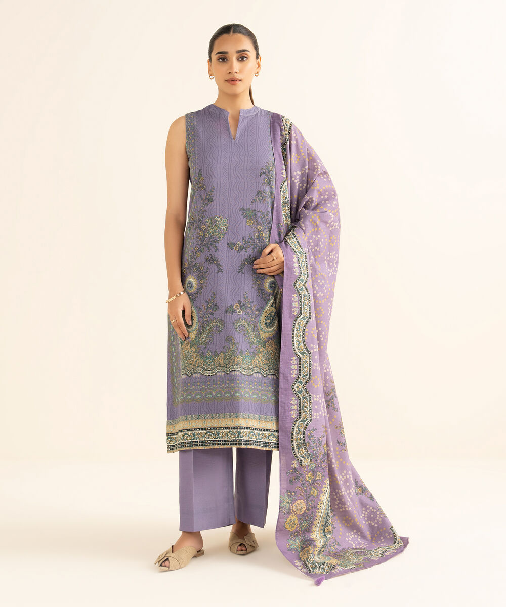 Women's Unstitched Cotton Printed Purple 3 Piece Suit