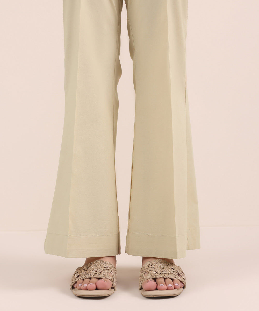 Woman - Beige Solid Cambric Boot-Cut Pants