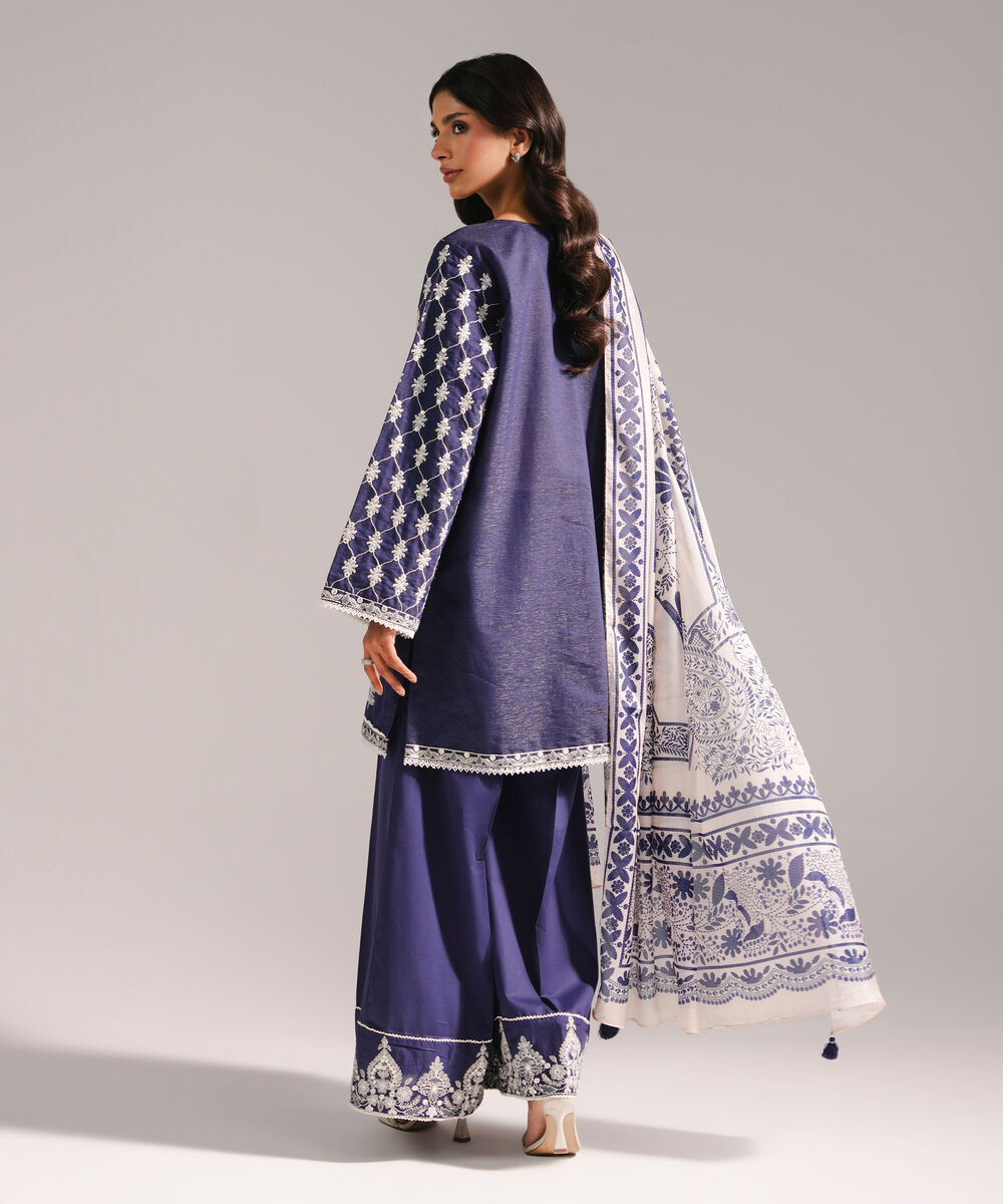 Women's RTW Fancy Cotton Embroidered Dark Blue 3 Piece Suit