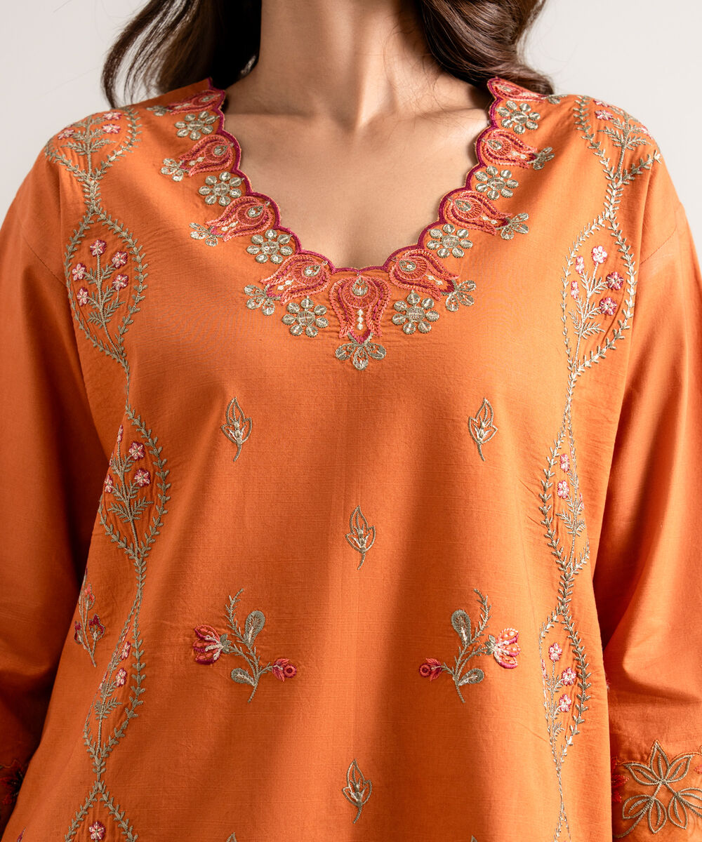 Women's Unstitched Embroidered Textured Lawn Orange 3 Piece Suit