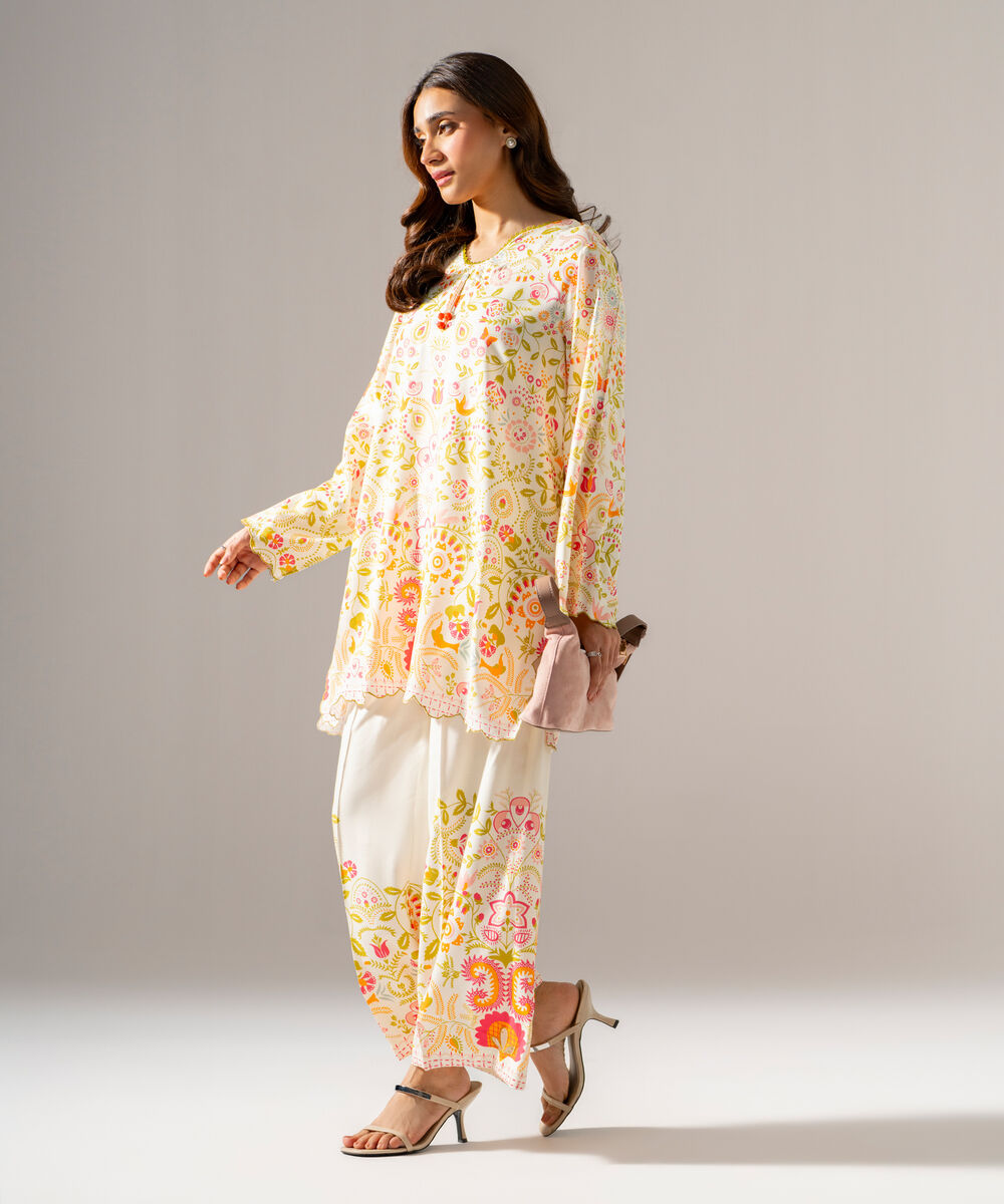 Women's RTW Arabic Lawn Printed Off White Straight Shirt