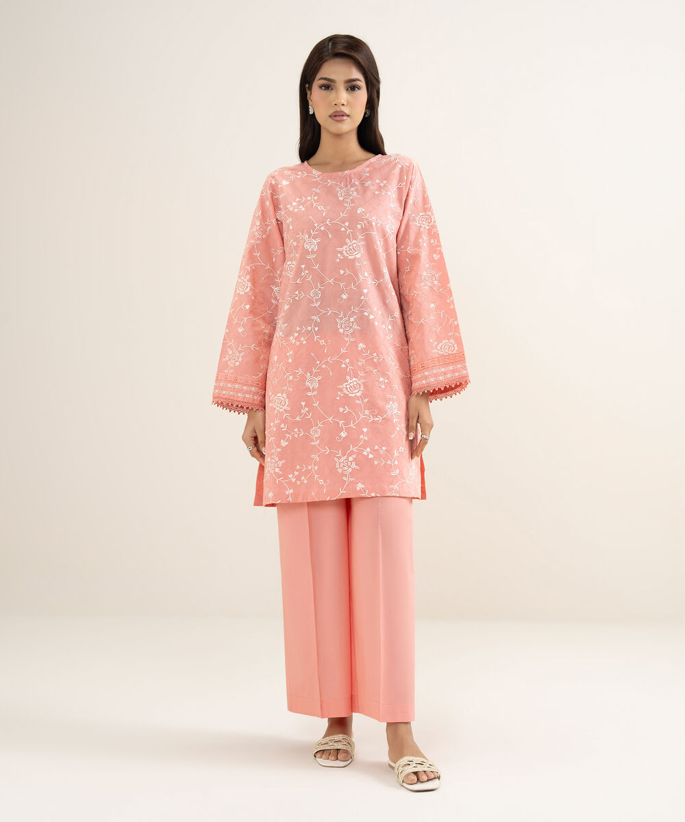 Women's RTW Self Jacquard Embroidered Pink Straight Shirt