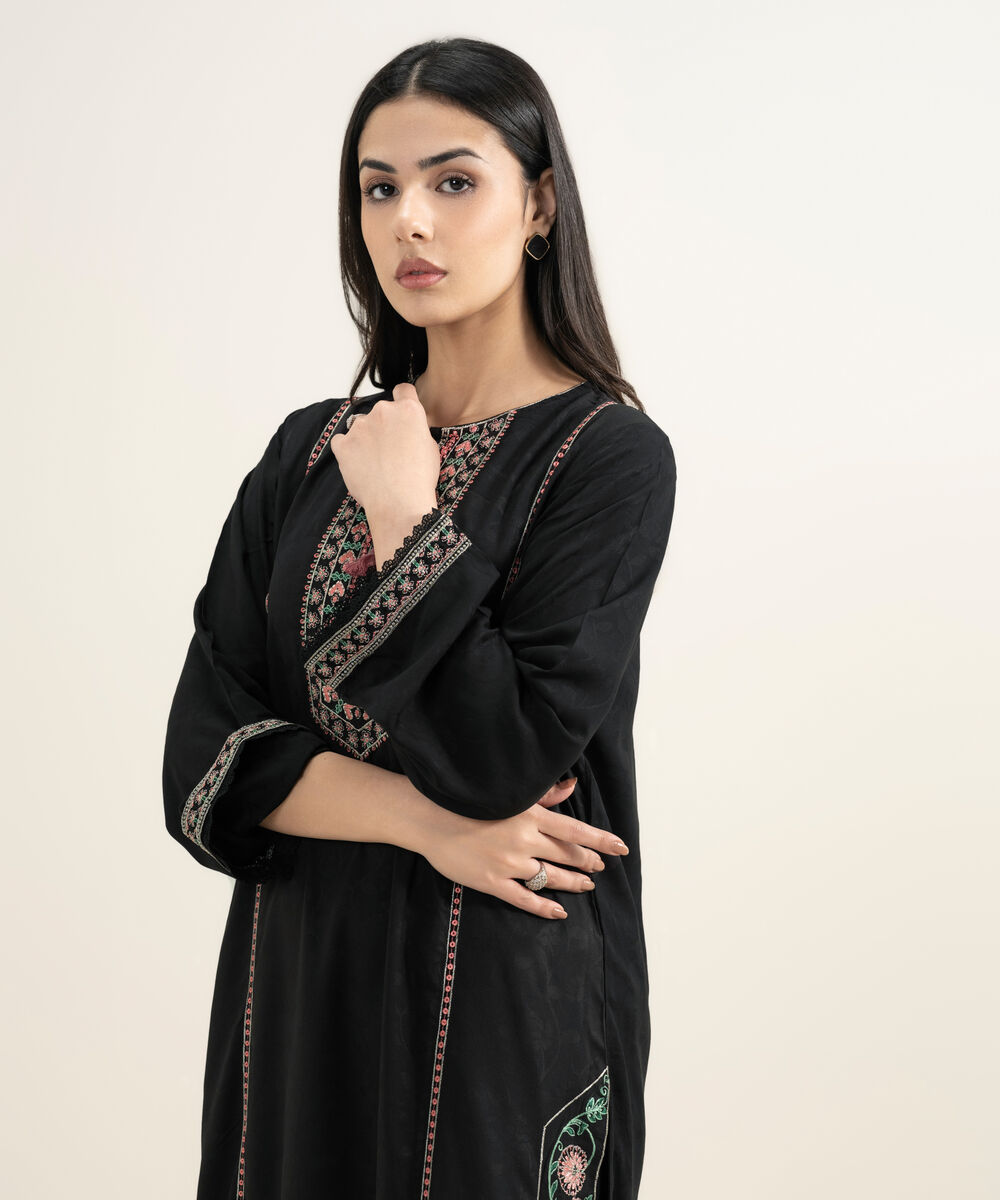 Women's RTW Arabic Self Jacquard Embroidered Black Straight Shirt